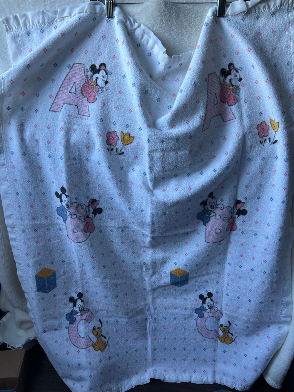 Vintage 1984 Disney baby Blanket - White with Pink & Blue